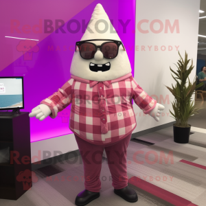 Magenta Ice Cream Cone mascot costume character dressed with a Flannel Shirt and Tie pins