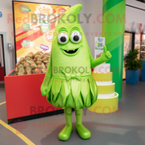 Lime Green Chocolates mascot costume character dressed with a Bikini and Lapel pins