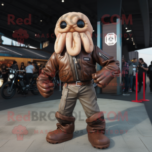 Tan Kraken mascot costume character dressed with a Biker Jacket and Foot pads