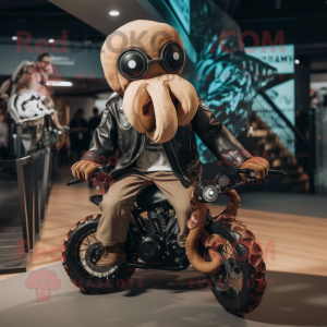 Tan Kraken mascot costume character dressed with a Biker Jacket and Foot pads