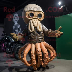 Tan Kraken mascot costume character dressed with a Biker Jacket and Foot pads