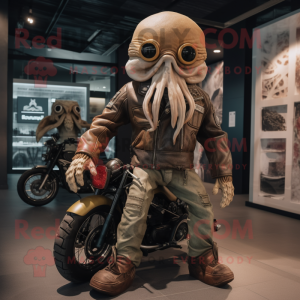 Tan Kraken mascot costume character dressed with a Biker Jacket and Foot pads