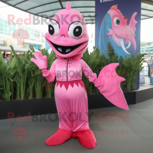 Pink Barracuda mascot costume character dressed with a Maxi Skirt and Gloves