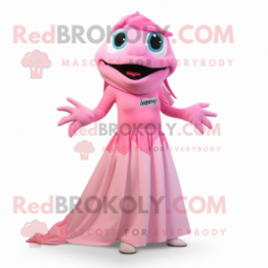 Pink Barracuda mascot costume character dressed with a Maxi Skirt and Gloves