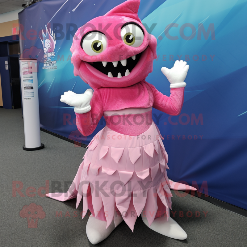 Pink Barracuda mascot costume character dressed with a Maxi Skirt and Gloves