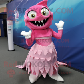 Pink Barracuda mascot costume character dressed with a Maxi Skirt and Gloves