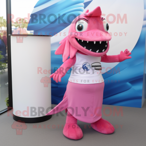 Pink Barracuda mascot costume character dressed with a Maxi Skirt and Gloves