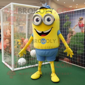 Lemon Yellow Soccer Goal mascot costume character dressed with a Denim Shorts and Gloves