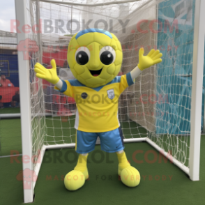 Lemon Yellow Soccer Goal mascot costume character dressed with a Denim Shorts and Gloves