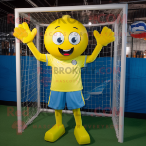 Lemon Yellow Soccer Goal mascot costume character dressed with a Denim Shorts and Gloves