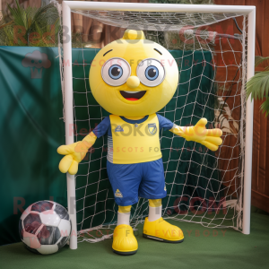Lemon Yellow Soccer Goal mascot costume character dressed with a Denim Shorts and Gloves