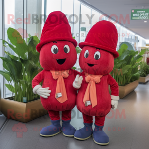 Red Turnip mascot costume character dressed with a Boyfriend Jeans and Berets