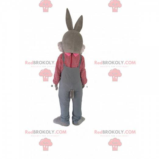 Gray rabbit mascot with overalls and a plaid shirt -