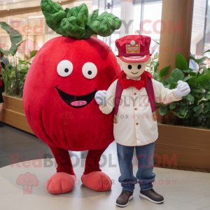 Red Turnip mascot costume character dressed with a Boyfriend Jeans and Berets