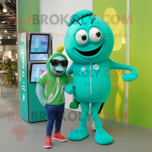 Turquoise Green Bean mascot costume character dressed with a Culottes and Digital watches