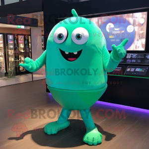 Turquoise Green Bean mascot costume character dressed with a Culottes and Digital watches