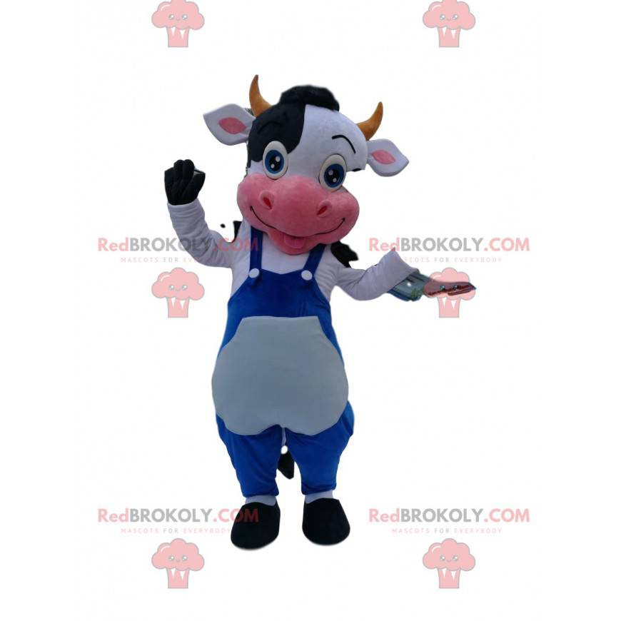 Mascote vaca preto e branco com macacão azul - Redbrokoly.com