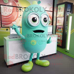 Turquoise Green Bean mascot costume character dressed with a Culottes and Digital watches