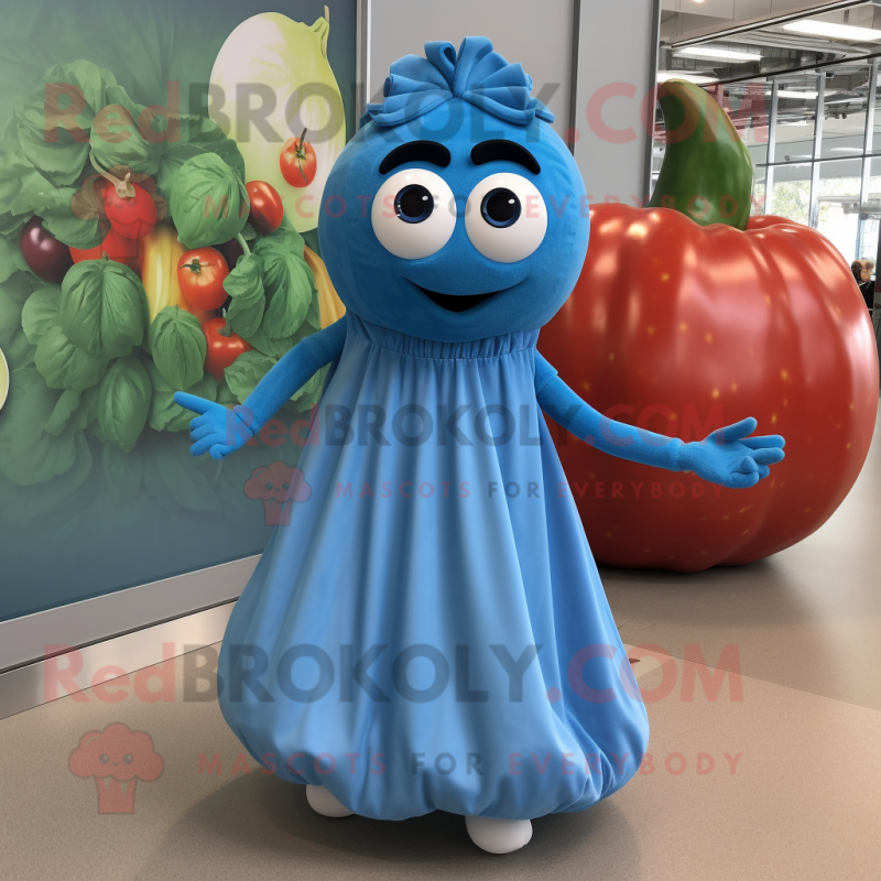 Blue Tomato mascot costume character dressed with a Maxi Dress and Shoe clips Blue Tomato mascot costume character dressed with a Maxi Dress and Shoe clips