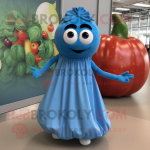 Blue Tomato mascot costume character dressed with a Maxi Dress and Shoe clips