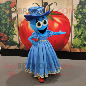 Blue Tomato mascot costume character dressed with a Maxi Dress and Shoe clips