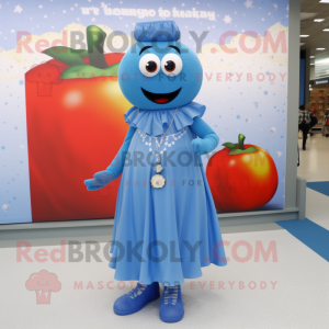 Blue Tomato mascot costume character dressed with a Maxi Dress and Shoe clips