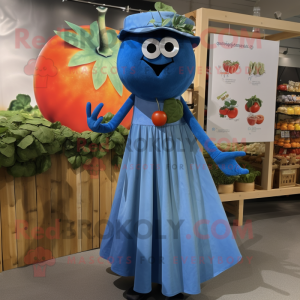Blue Tomato mascot costume character dressed with a Maxi Dress and Shoe clips