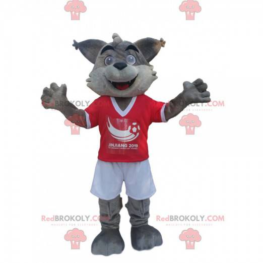 Gray wolf mascot in red and white sportswear - Redbrokoly.com