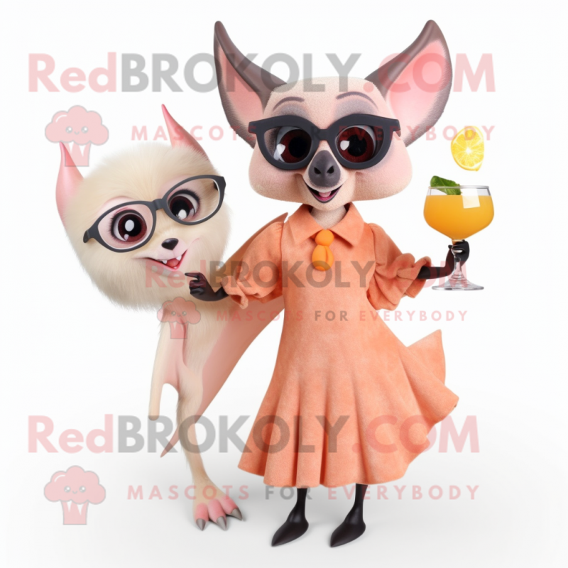 Peach Fruit Bat mascot costume character dressed with a Cocktail Dress and Eyeglasses Peach Fruit Bat mascot costume character dressed with a Cocktail Dress and Eyeglasses