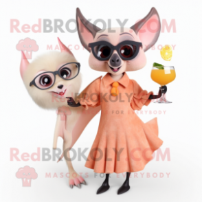 Peach Fruit Bat mascot costume character dressed with a Cocktail Dress and Eyeglasses