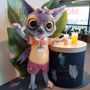 Peach Fruit Bat mascot costume character dressed with a Cocktail Dress and Eyeglasses