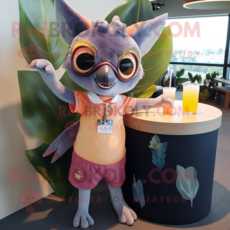 Peach Fruit Bat mascot costume character dressed with a Cocktail Dress and Eyeglasses Peach Fruit Bat mascot costume character dressed with a Cocktail Dress and Eyeglasses