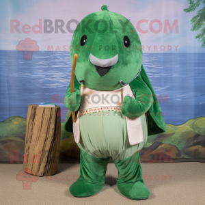 Forest Green Narwhal mascot costume character dressed with a Corduroy Pants and Gloves