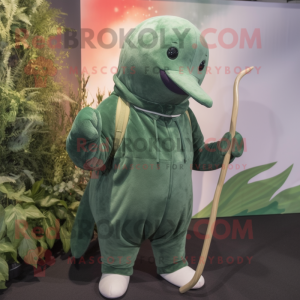 Forest Green Narwhal mascot costume character dressed with a Corduroy Pants and Gloves