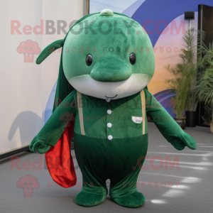 Forest Green Narwhal mascot costume character dressed with a Corduroy Pants and Gloves