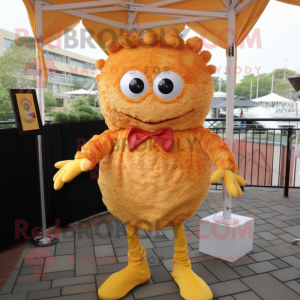 Gold Crab Cakes mascot costume character dressed with a Dress Shirt and Hairpins