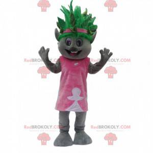 Gray character mascot with an original green hairstyle -