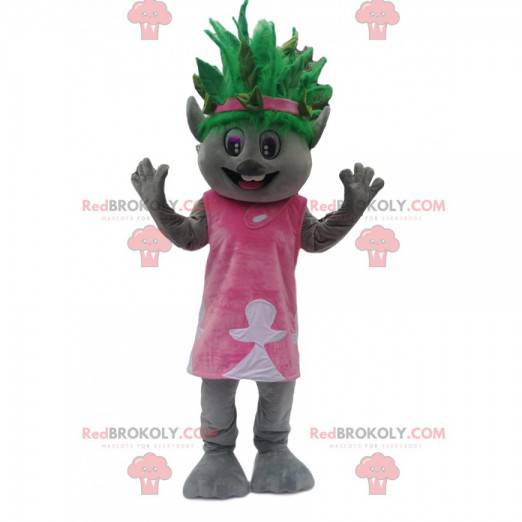 Mascotte de personnage gris avec une coiffure originale verte -