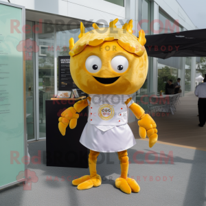 Gold Crab Cakes mascot costume character dressed with a Dress Shirt and Hairpins