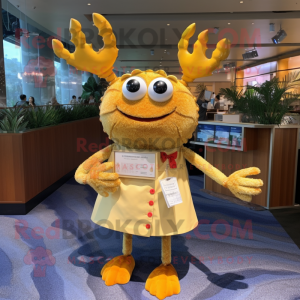 Gold Crab Cakes mascot costume character dressed with a Dress Shirt and Hairpins