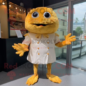 Gold Crab Cakes mascot costume character dressed with a Dress Shirt and Hairpins