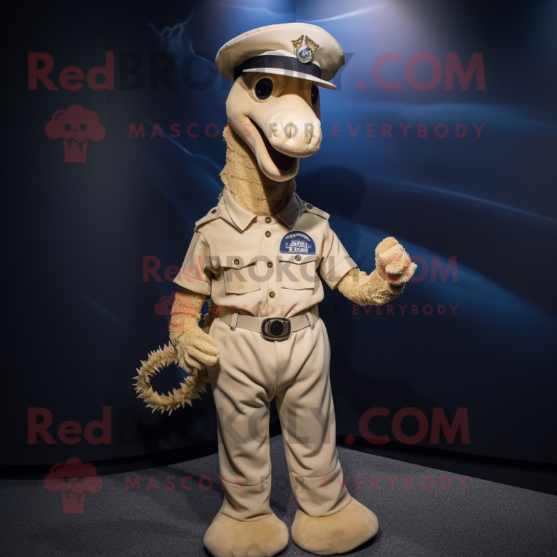 Beige Sea Horse mascot costume character dressed with a Oxford Shirt and Hat pins