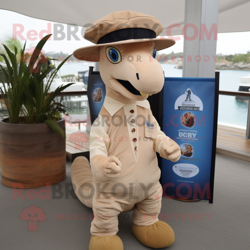 Beige Sea Horse mascot costume character dressed with a Oxford Shirt and Hat pins Beige Sea Horse mascot costume character dressed with a Oxford Shirt and Hat pins