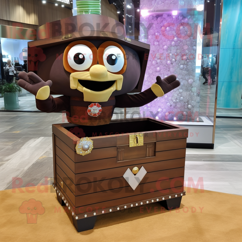 Brown Treasure Chest mascot costume character dressed with a Skirt and Bracelet watches