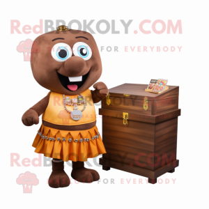 Brown Treasure Chest mascot costume character dressed with a Skirt and Bracelet watches