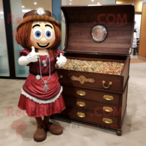 Brown Treasure Chest mascot costume character dressed with a Skirt and Bracelet watches