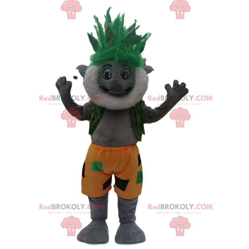 Gray character mascot with a vest of green leaves -