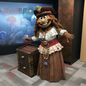 Brown Treasure Chest mascot costume character dressed with a Skirt and Bracelet watches