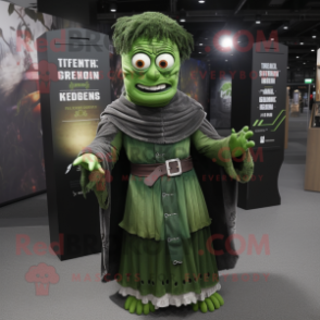 Forest Green Frankenstein mascot costume character dressed with a Midi Dress and Shawls