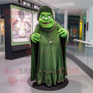 Forest Green Frankenstein mascot costume character dressed with a Midi Dress and Shawls